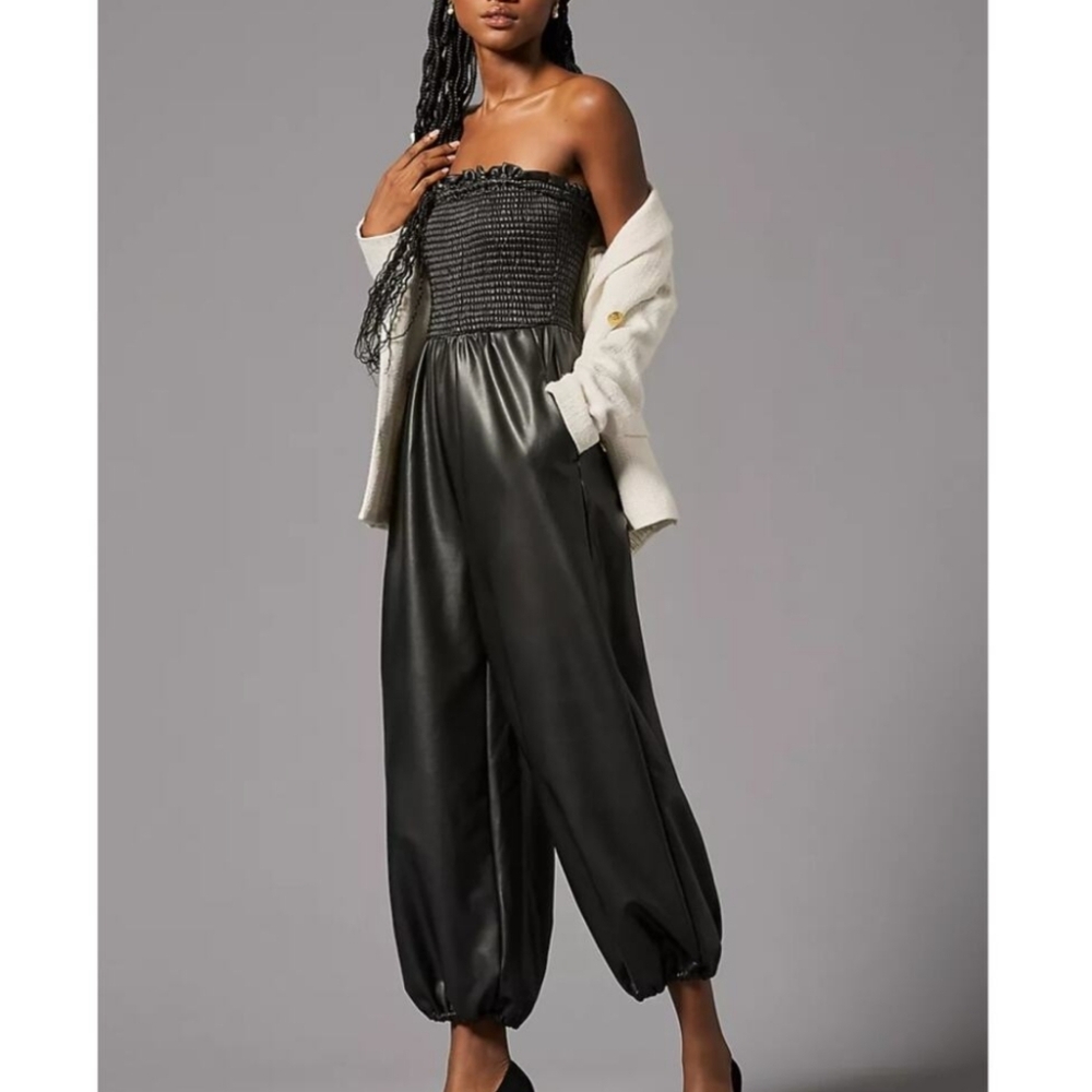 NWT Anthro Black Faux Leather Smocked Balloon Pant Jumpsuit M - Picture 7 of 13